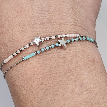 Pulseira Estrelarde Aço Inox - Azul Claro e Bege ajustável