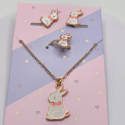 Conjunto de coelhinhos - Anel Brincos e colar